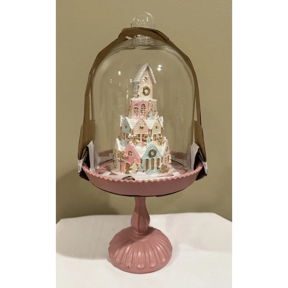 34th & Pine Sugar Gingerbread‎ Castle House in Cloche Pastel Pink Glass Dome